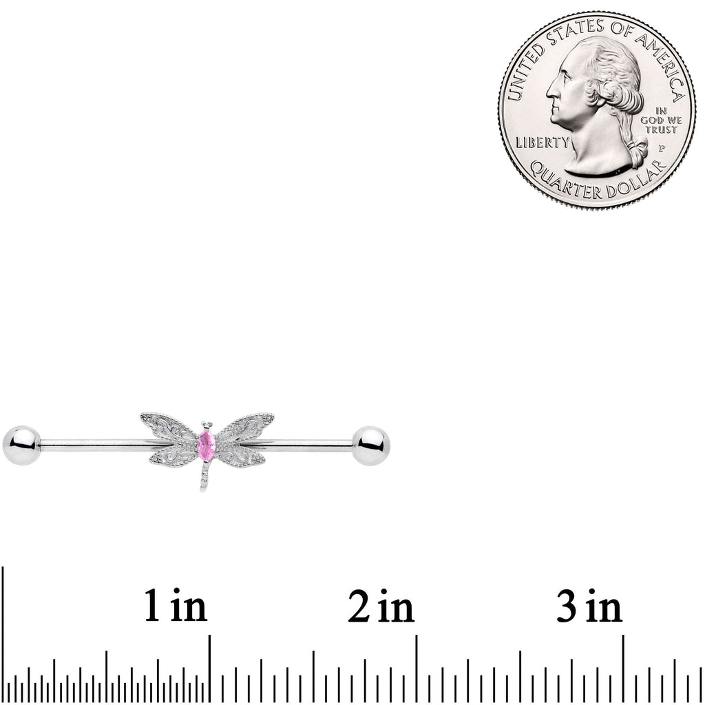 14G Pink Gem Dazzling Lacework Dragonfly Industrial Barbell 38mm