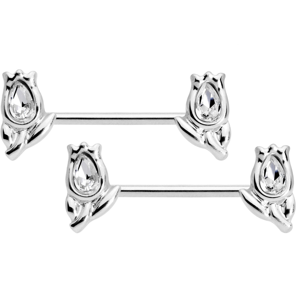 14G 7/16 1/2 Clear Gem Flowers BCR Barbell Nipple Ring Set of 4