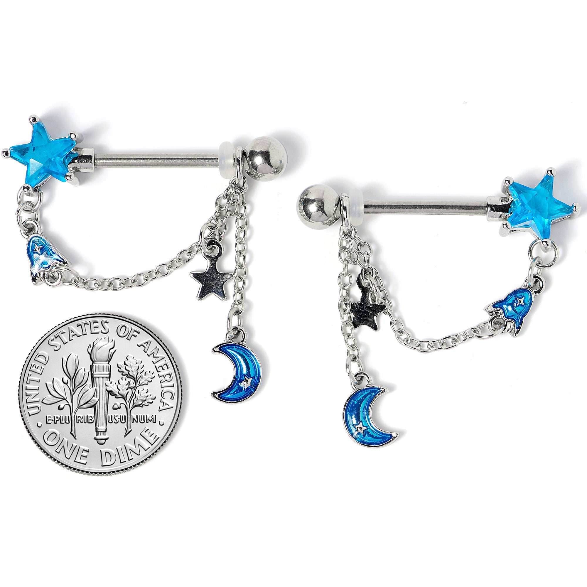 14G 5/8 Blue Gem Rocket Star Moon Dangle Barbell Nipple Ring Set