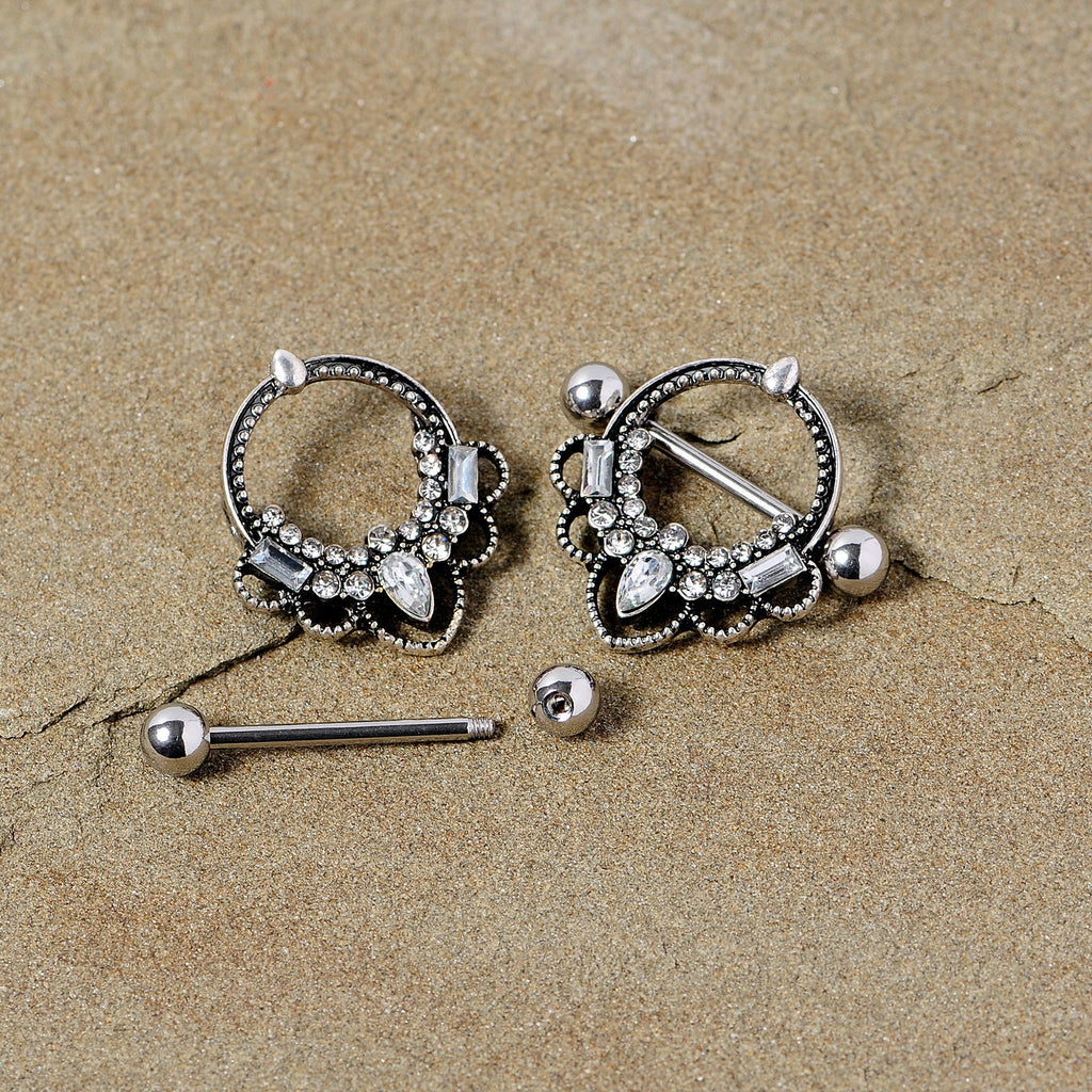14G 5/8 Clear Gem Filigree Nipple Shield Set