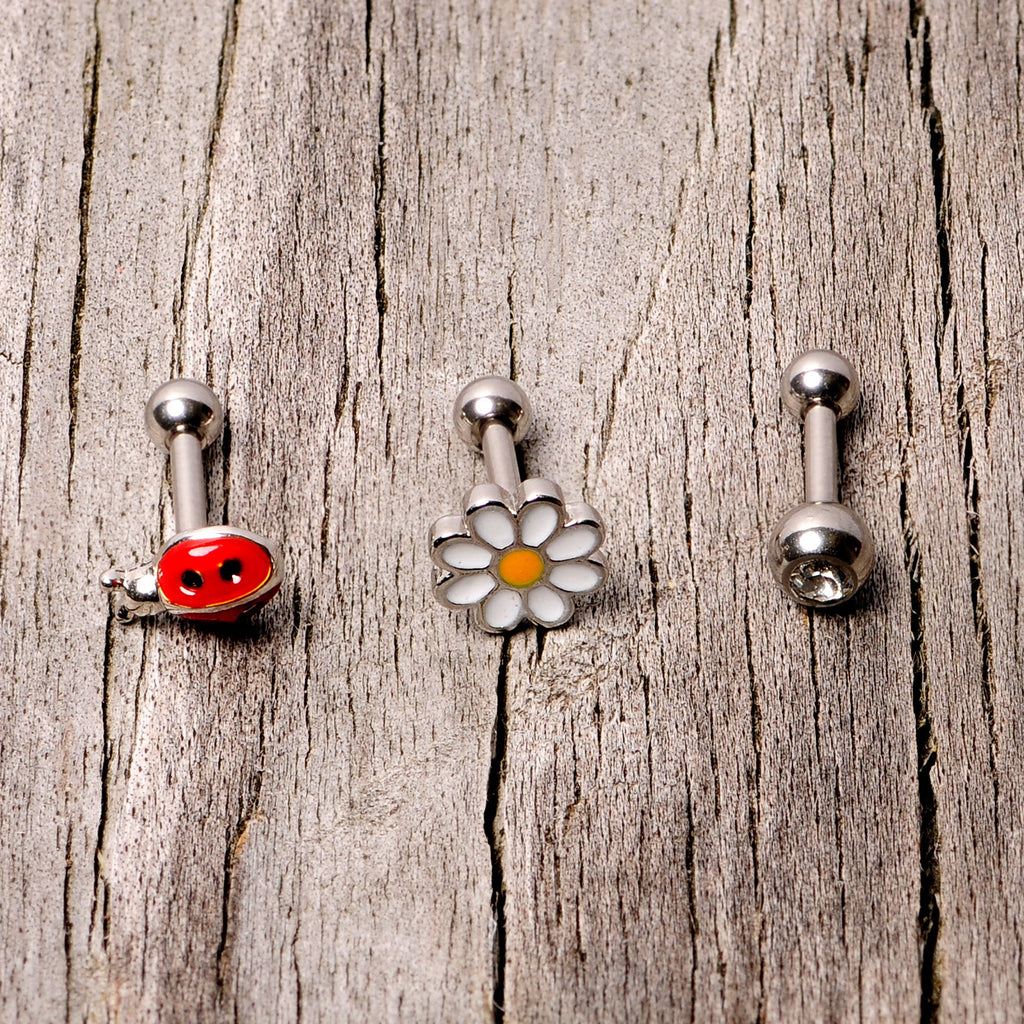 16G 1/4 Clear Gem Ladybug Cartilage Tragus Curation Set of 3
