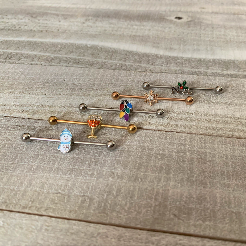 14G Clear Gem Rose Gold Tone Snowflake Industrial Barbell 38mm