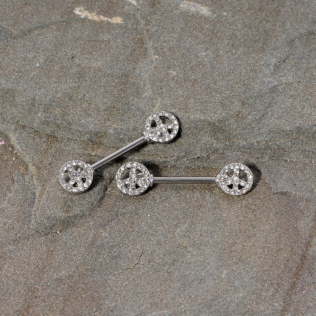 14G 9/16 Clear Gem Retro Peace Sign Barbell Nipple Ring Set