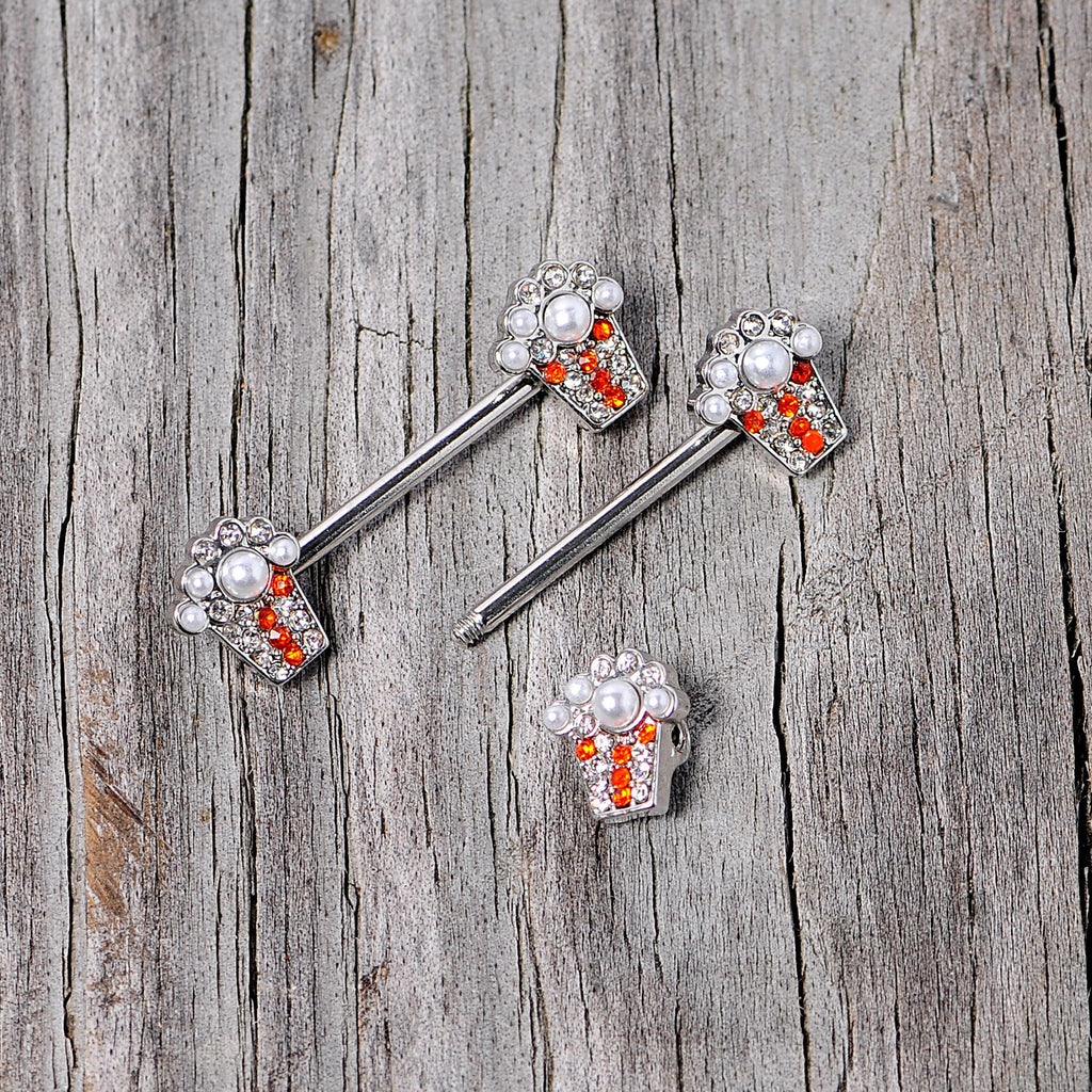 14G 9/16 White Orb Movie Night Popcorn Barbell Nipple Ring Set
