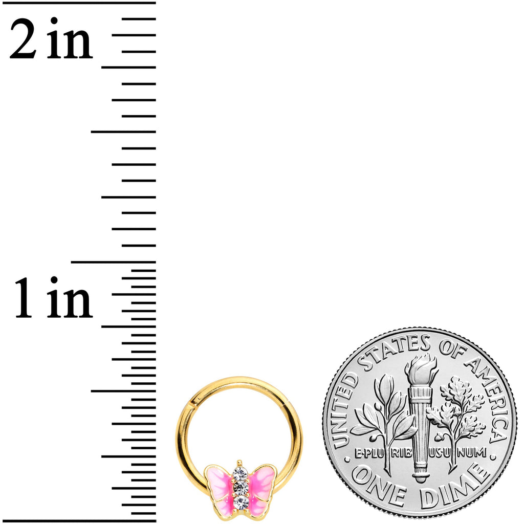 16G 3/8 Clear Gem Gold Tone Pink Butterfly Septum Ring
