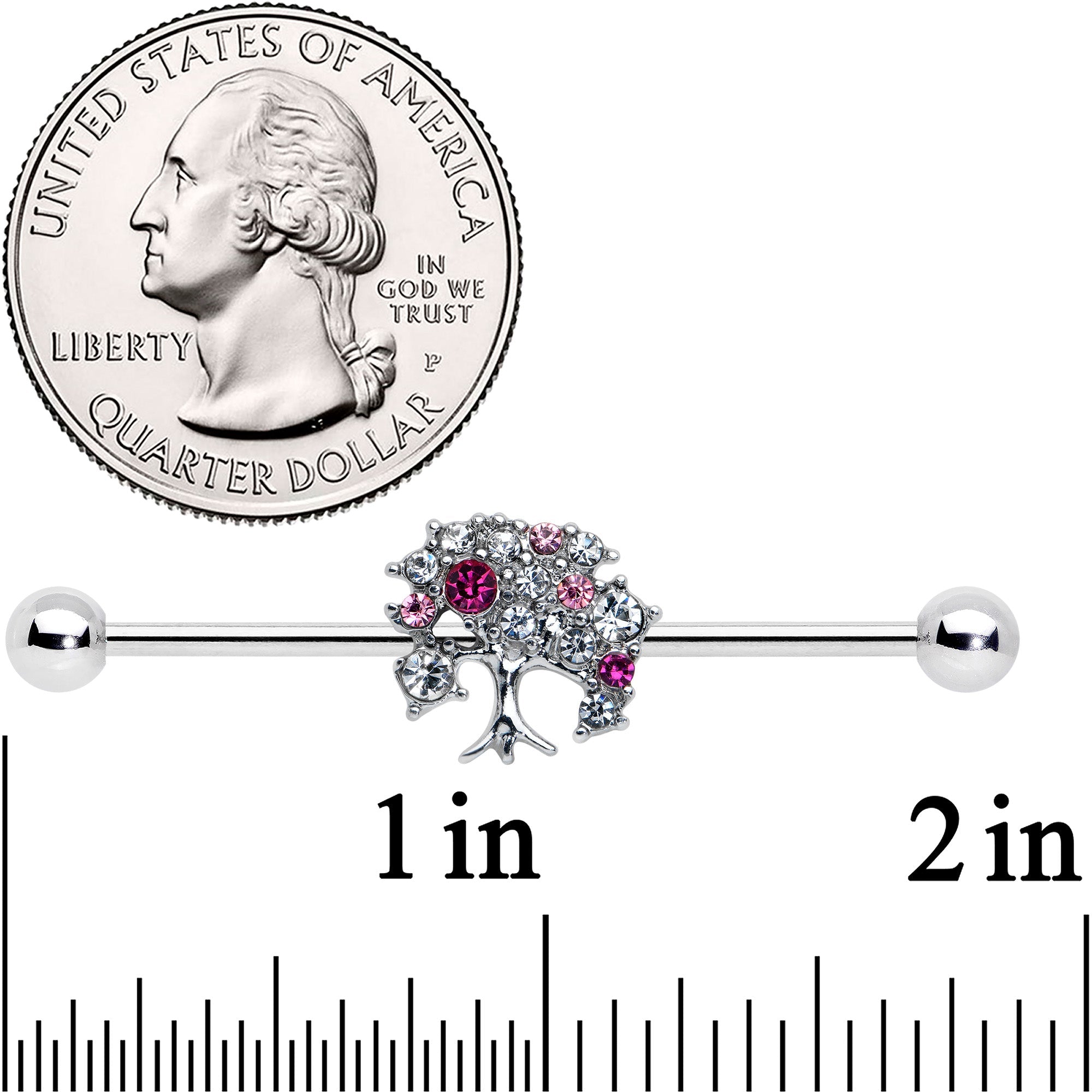 14G Clear Pink Gem Luscious Fruit Tree Industrial Barbell 38mm