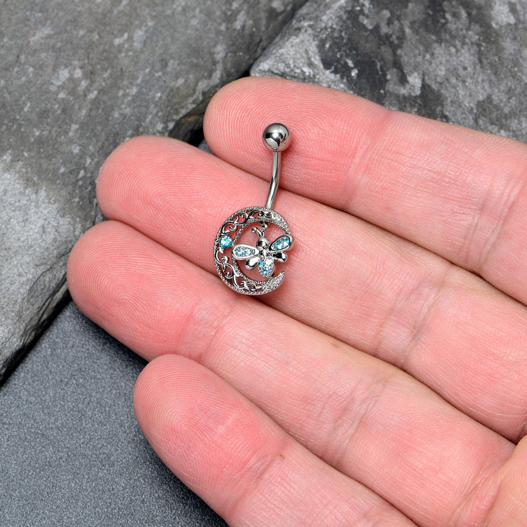 Blue Gem Lunar Dragonfly Dangle Belly Ring
